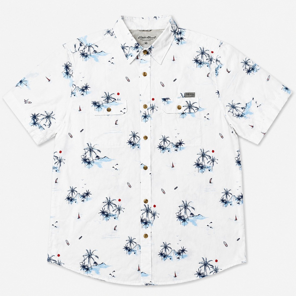 NWT Eddie Bauer Mens Large White Hawaiian Camp Shirt Palm Tree Tropical